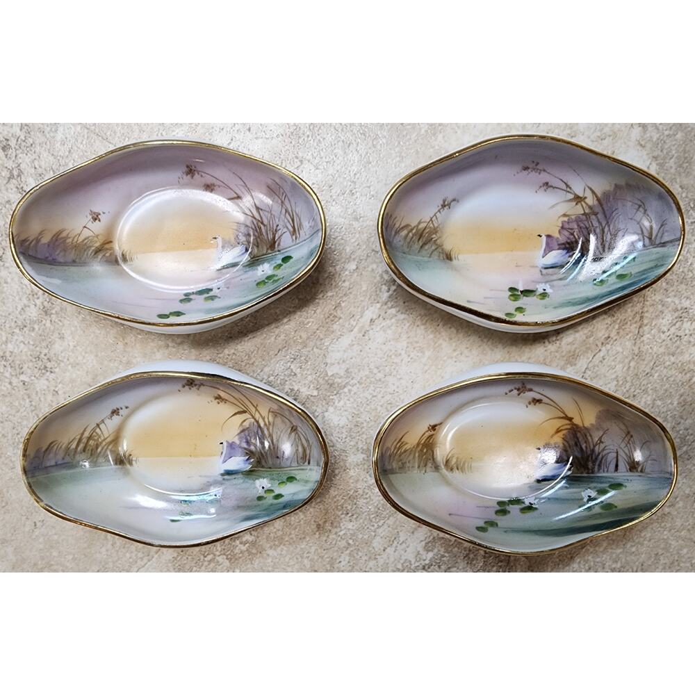 Set of 4 Vintage Hand Painted Nippon Nut Bowls – Gold Rim & Swan On Water Scene